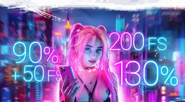 Image of a woman with pink hair holding a smartphone, representing Vulkan Platinum Casino's bonus offers, with neon text for free spins and deposit percentages.