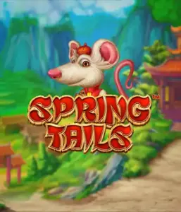 An enchanting illustration of a mouse wearing a red traditional Chinese outfit standing in a vibrant mountain backdrop. The image promotes the Spring Tails game by Betsoft, highlighted with striking gold and red logo text.