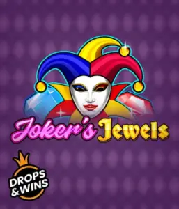 Experience the vibrant ambiance of the Joker's Jewels game by Pragmatic Play, featuring a captivating joker's mask embellished with a brightly colored jester hat. This graphic conveys the light-hearted fun of traditional joker games, set against a purple background. Great for those who love classic slot games, delivering a delightful adventure. 