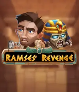 Uncover the mysterious world of Ramses' Revenge slot by Relax Gaming, showcasing a frightened explorer and a terrifying mummy set against an Egyptian tomb backdrop. This image portrays the adventure of Egyptian archaeology, ideal for those interested in historical adventures, offering a gripping gaming experience. 